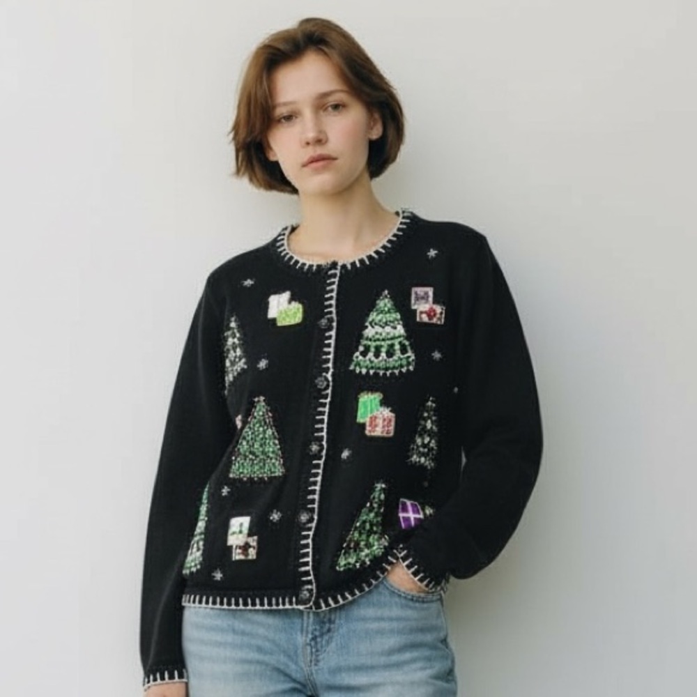 Vintage White Stag Beaded Black Festive Cardigan Sweater